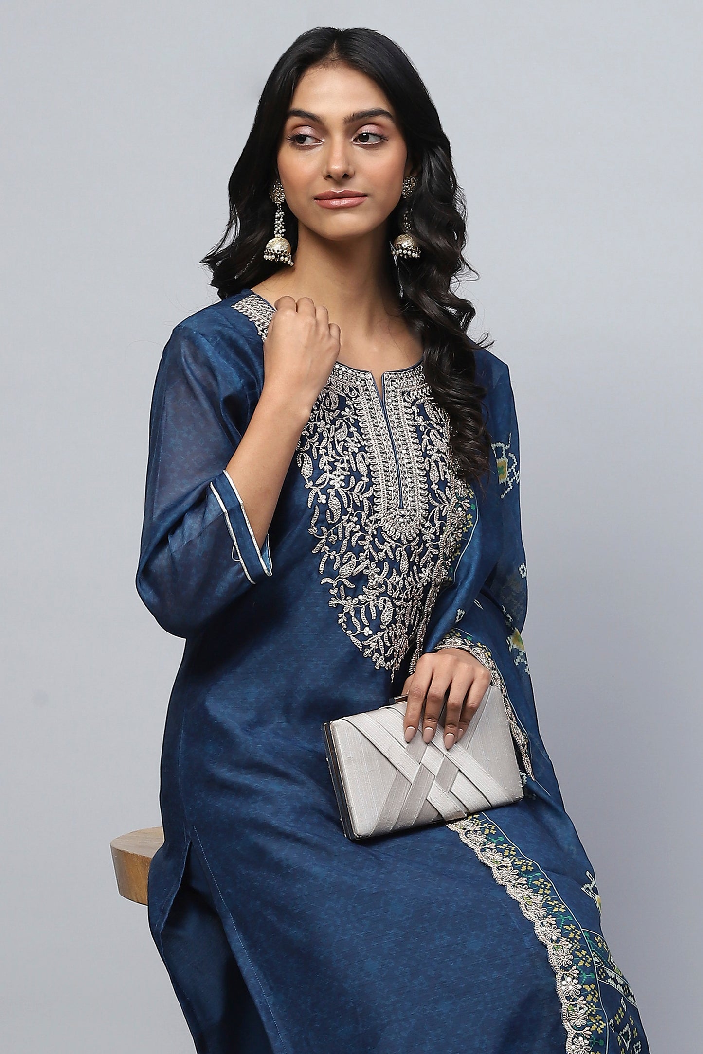 Blue Printed Suit Set for Women with Zari Embroidery