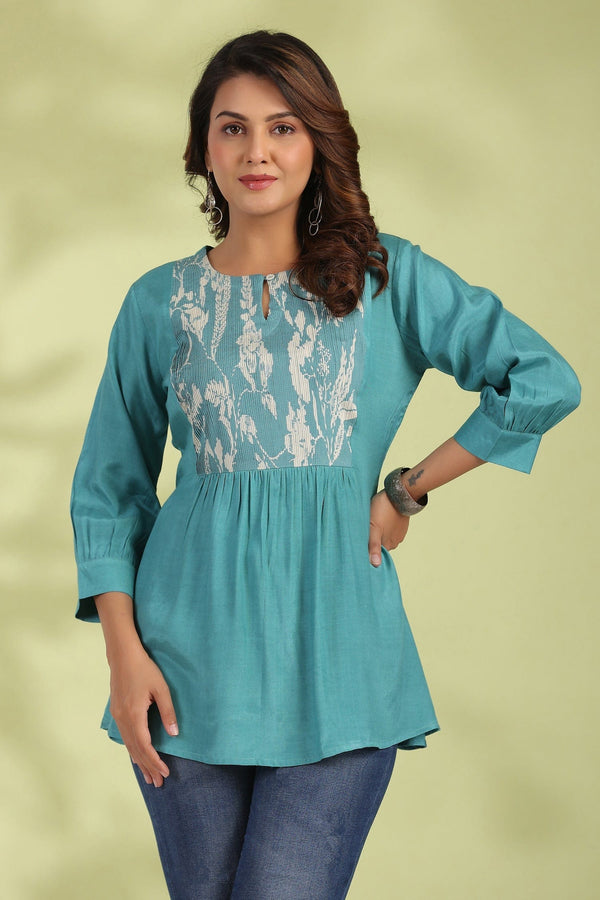 Blue Solid Silk Kurti