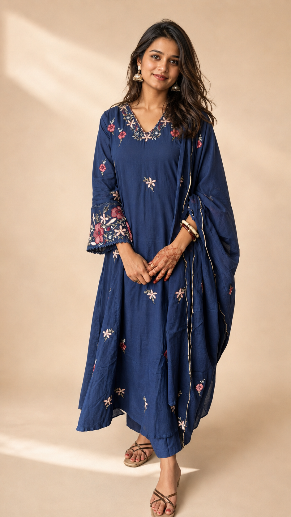 Women's Navy Blue Floral Embroidered Kurta with Palazzo & Dupatta