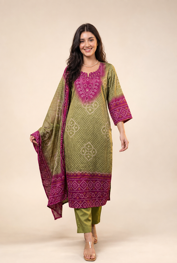 Women's Green Modal Printed 3-Piece Suit Set with Dupatta