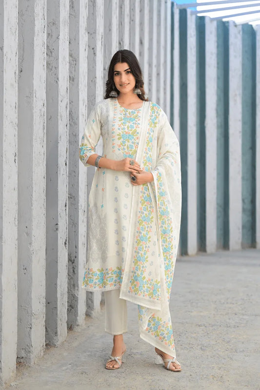 Soft Pink Floral Embroidered Three-Piece Suit Set