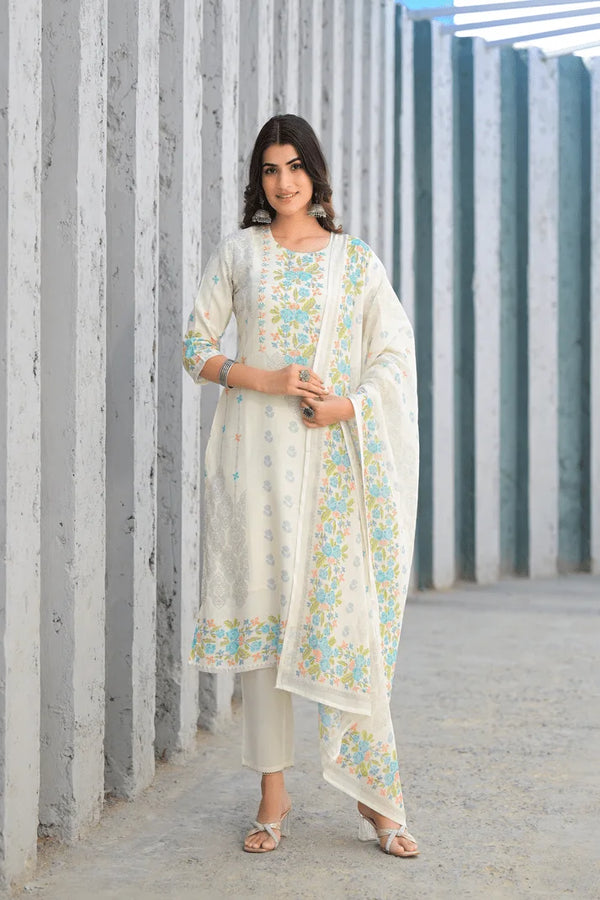Soft Pink Floral Embroidered Three-Piece Suit Set