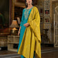 Teal Green Straight Kurta Set with Yellow Bandhej Dupatta & Hand Embroidery