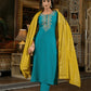Teal Green Straight Kurta Set with Yellow Bandhej Dupatta & Hand Embroidery