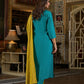 Teal Green Straight Kurta Set with Yellow Bandhej Dupatta & Hand Embroidery