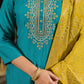 Teal Green Straight Kurta Set with Yellow Bandhej Dupatta & Hand Embroidery