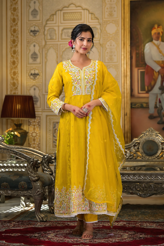 Golden Paisley Embroidered Anarkali Suit Set