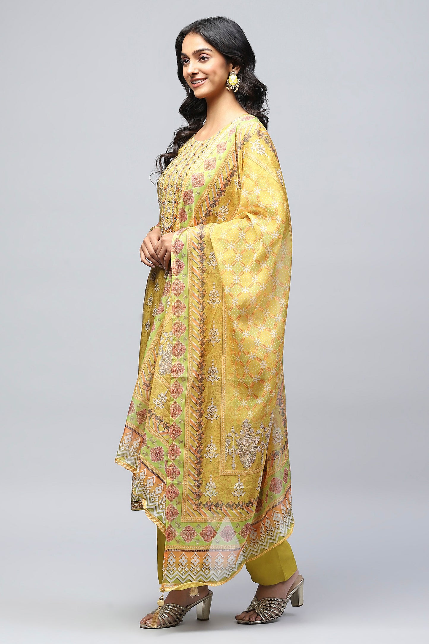 Green Crepe Printed Suit Set for Women with Hand Embroidery