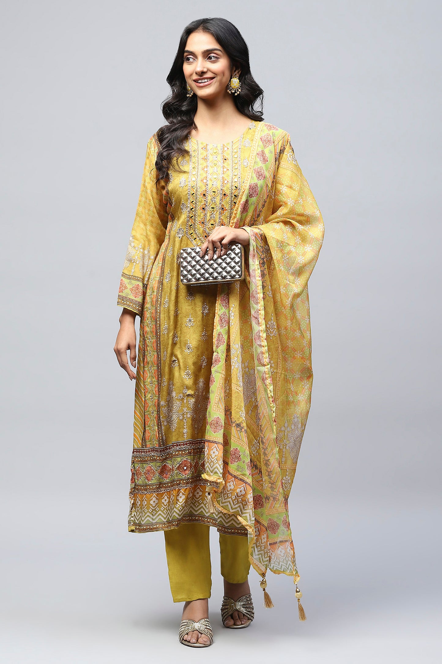 Green Crepe Printed Suit Set for Women with Hand Embroidery