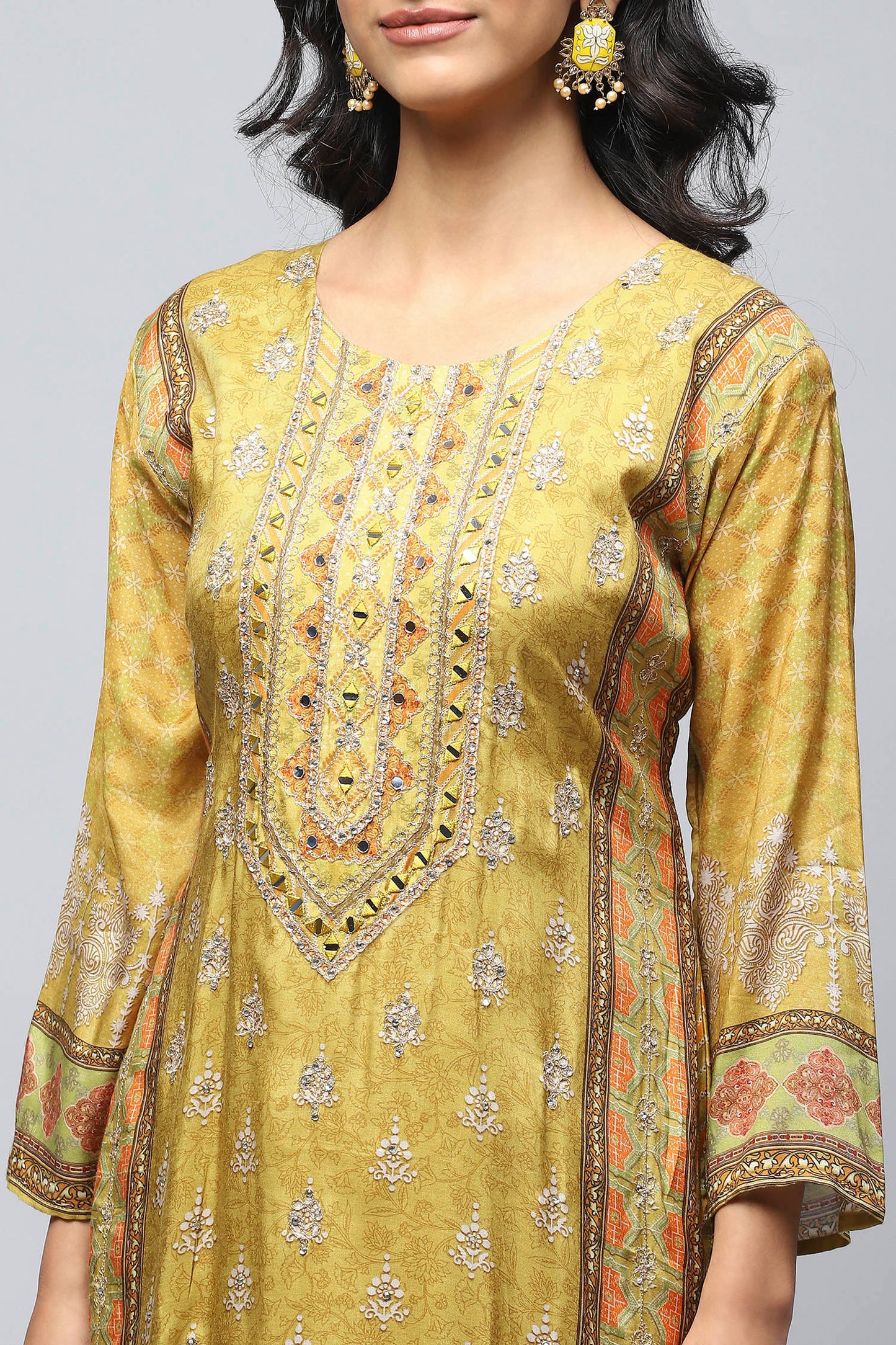 Green Crepe Printed Suit Set for Women with Hand Embroidery