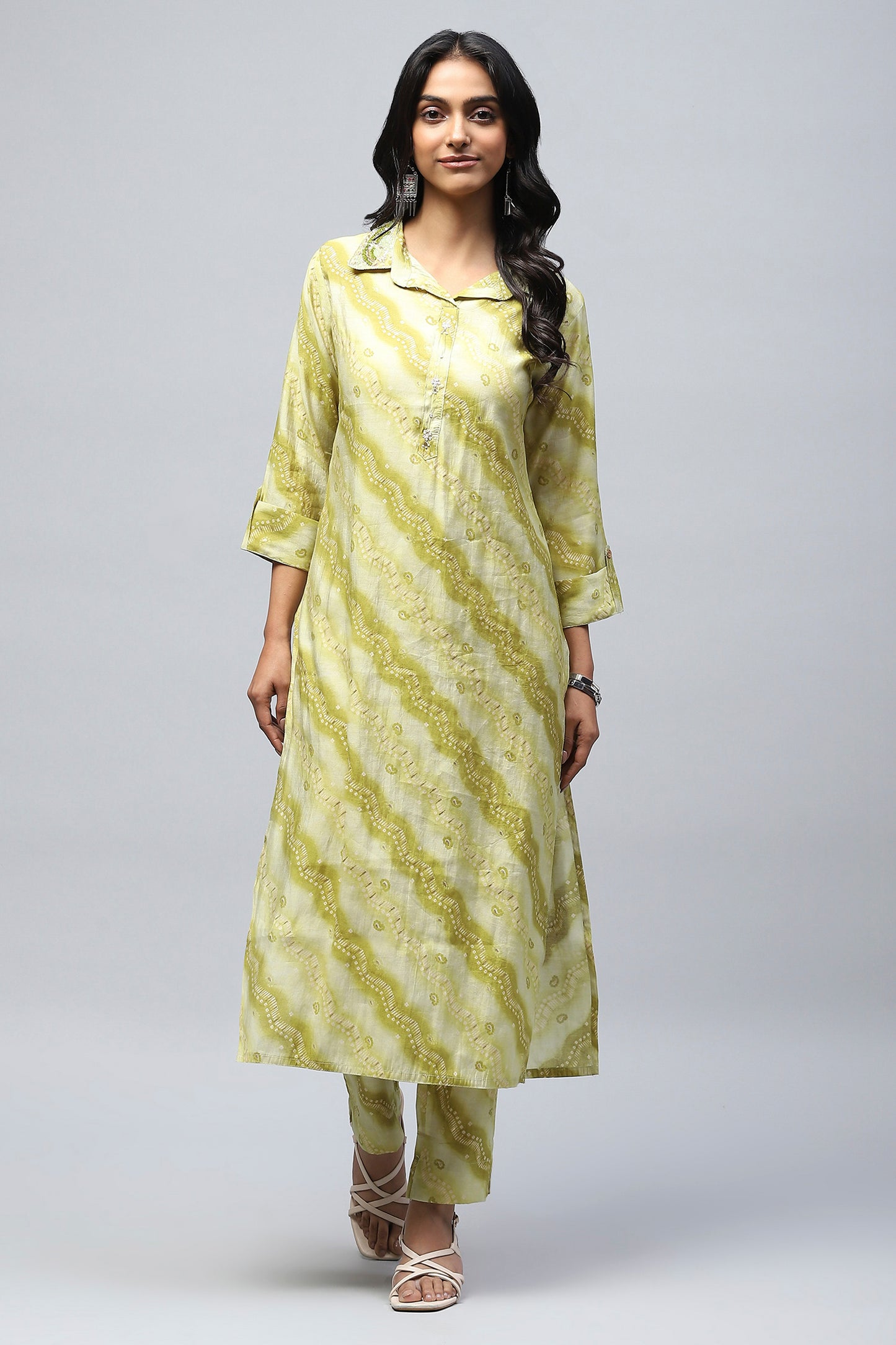 Green Muslin Printed Kurta for Women