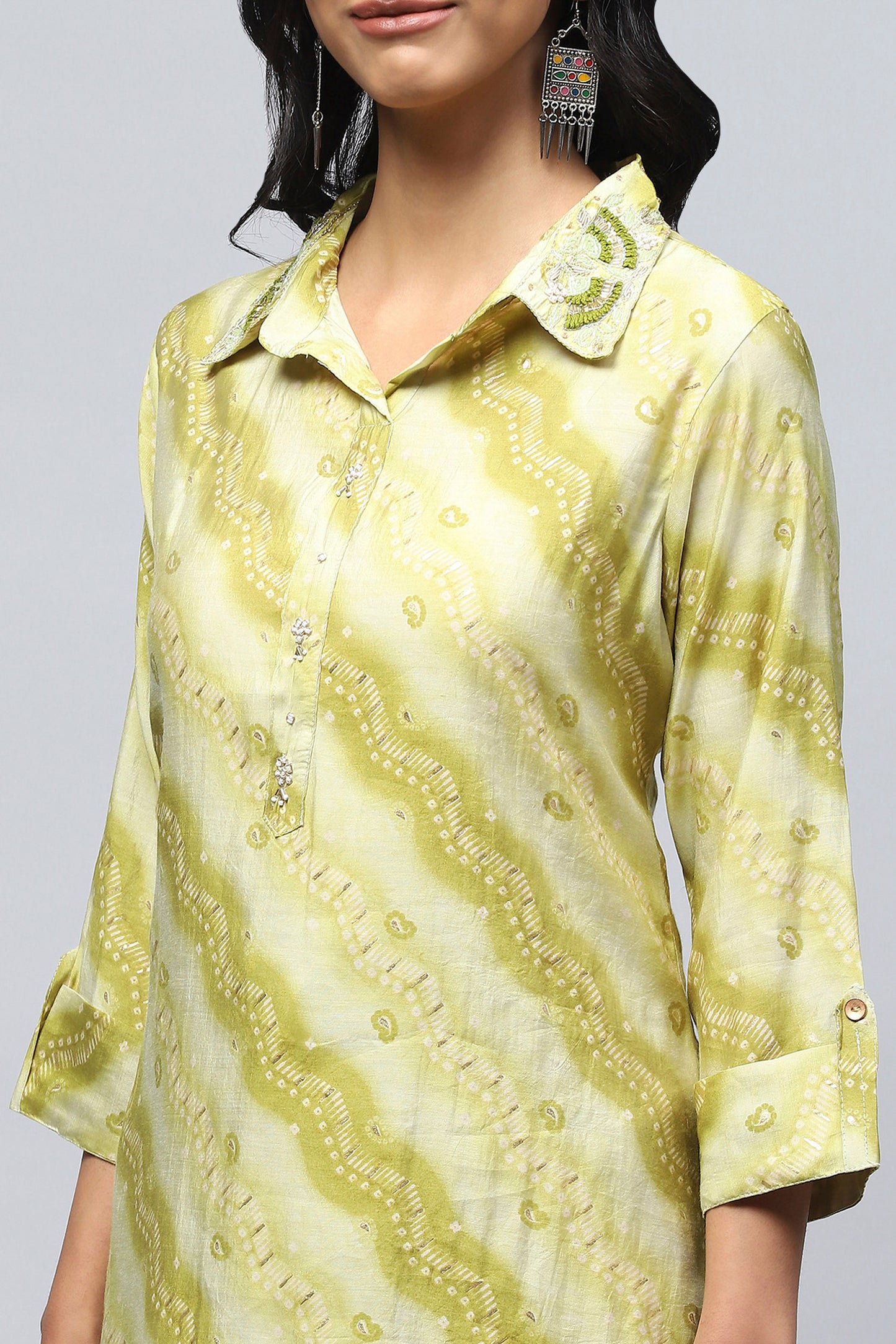 Green Muslin Printed Kurta for Women