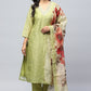 Green Printed Suit Set for Women with Hand Embroidery