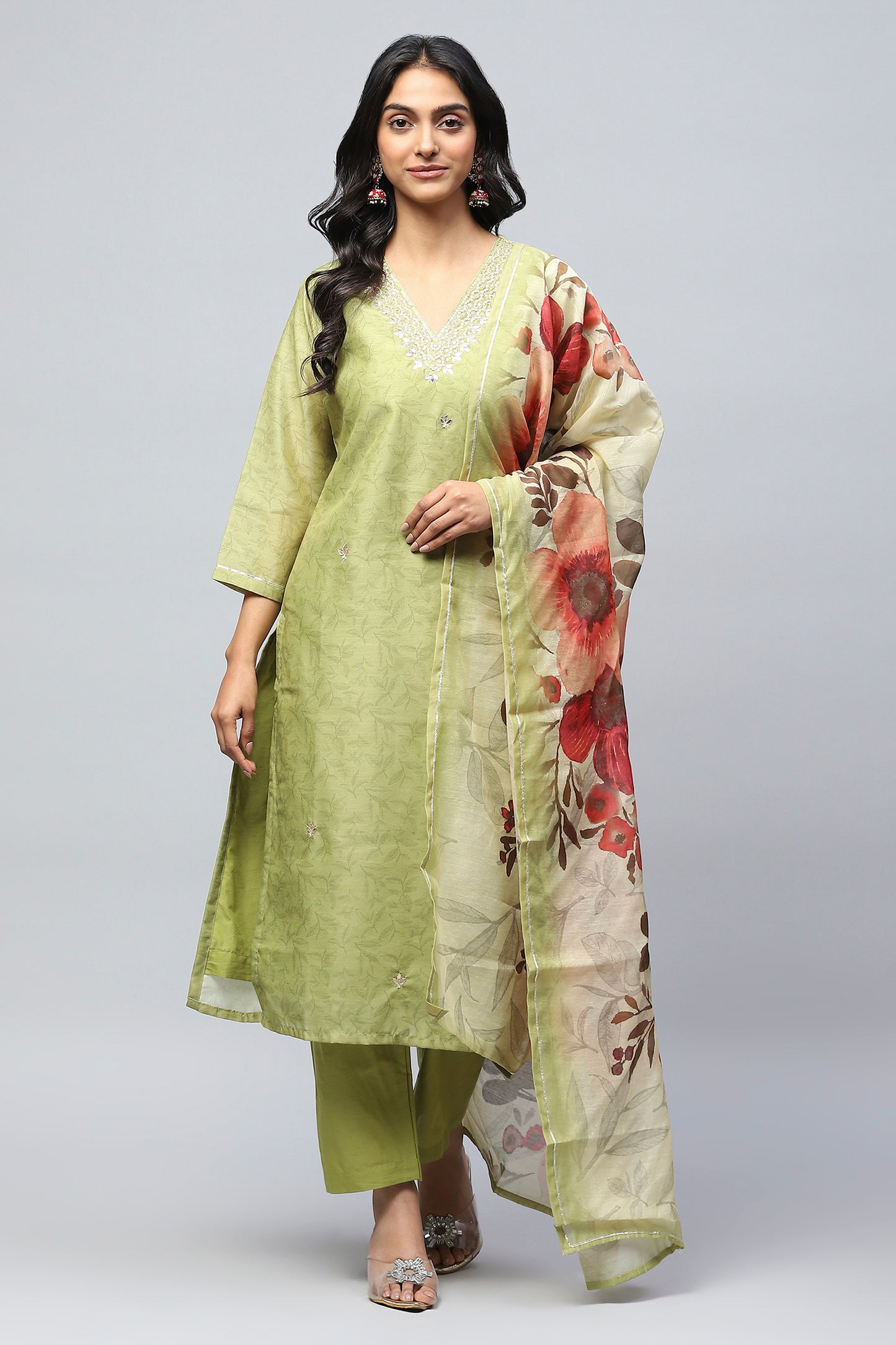 Green Printed Suit Set for Women with Hand Embroidery