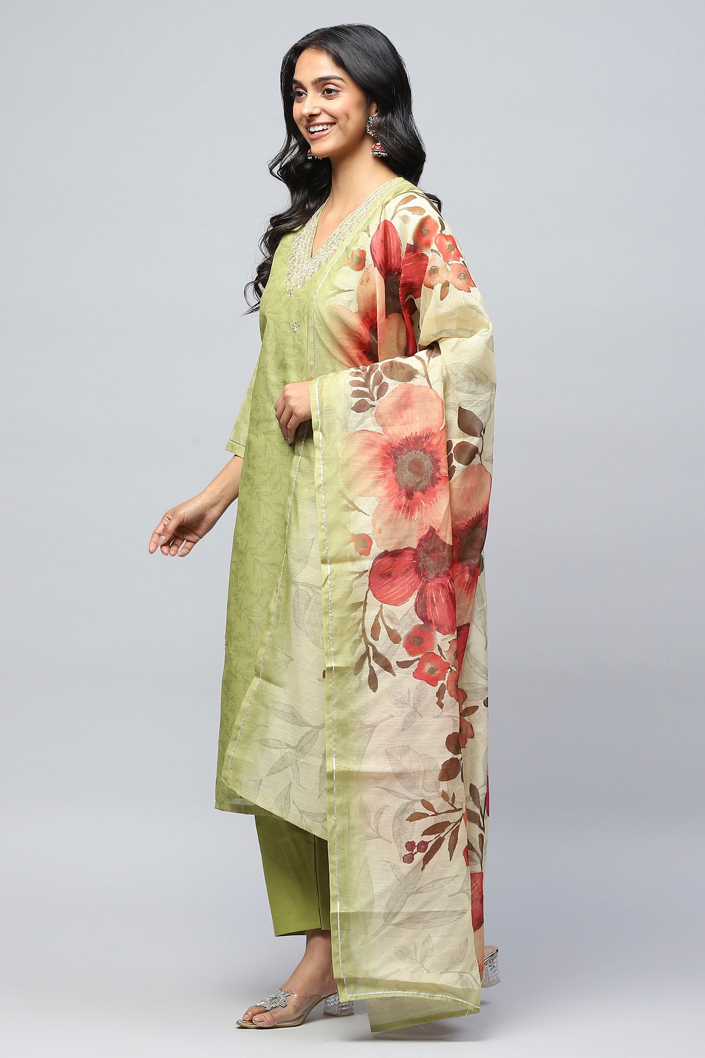 Green Printed Suit Set for Women with Hand Embroidery