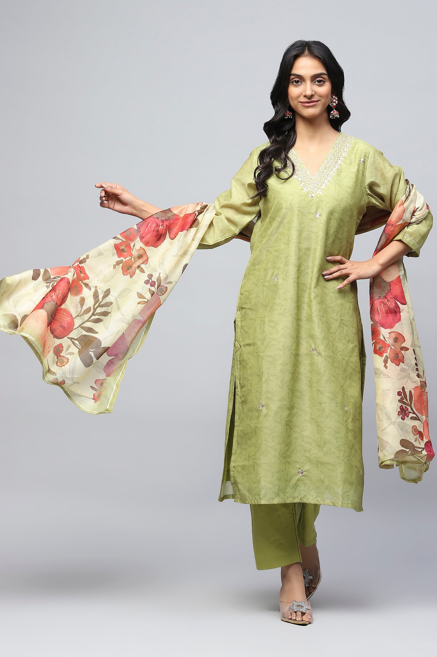 Green Printed Suit Set for Women with Hand Embroidery