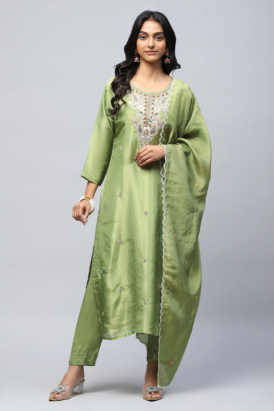 Green Suit Set with Neck Embroidery for Women – Elegant & Traditional