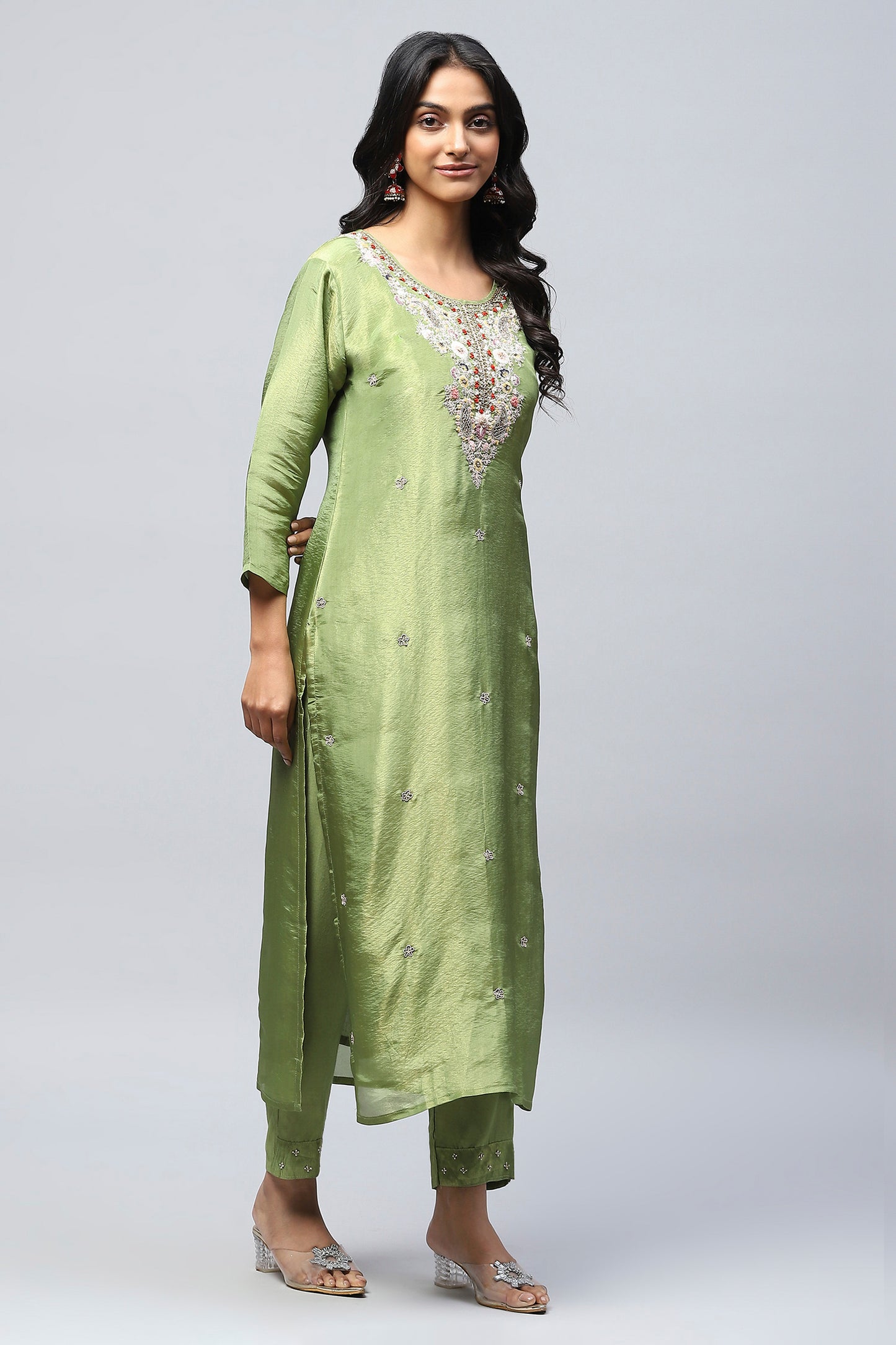 Green Suit Set with Neck Embroidery for Women – Elegant & Traditional