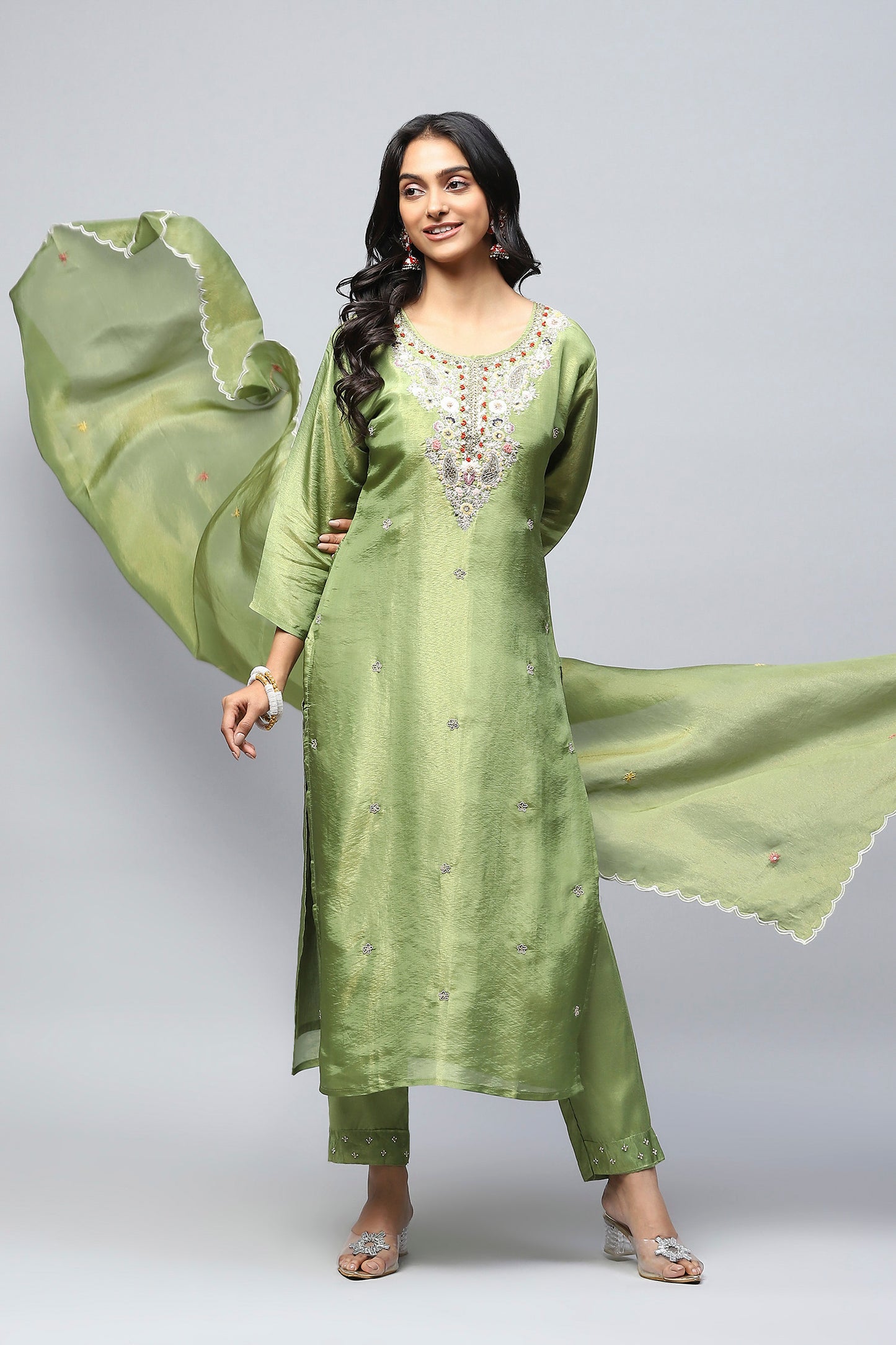 Green Suit Set with Neck Embroidery for Women – Elegant & Traditional