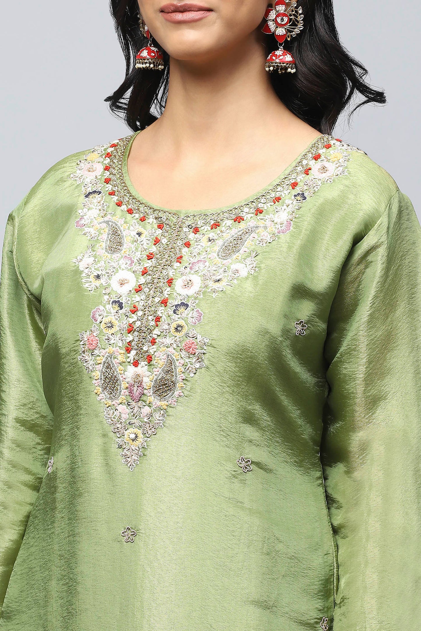 Green Suit Set with Neck Embroidery for Women – Elegant & Traditional