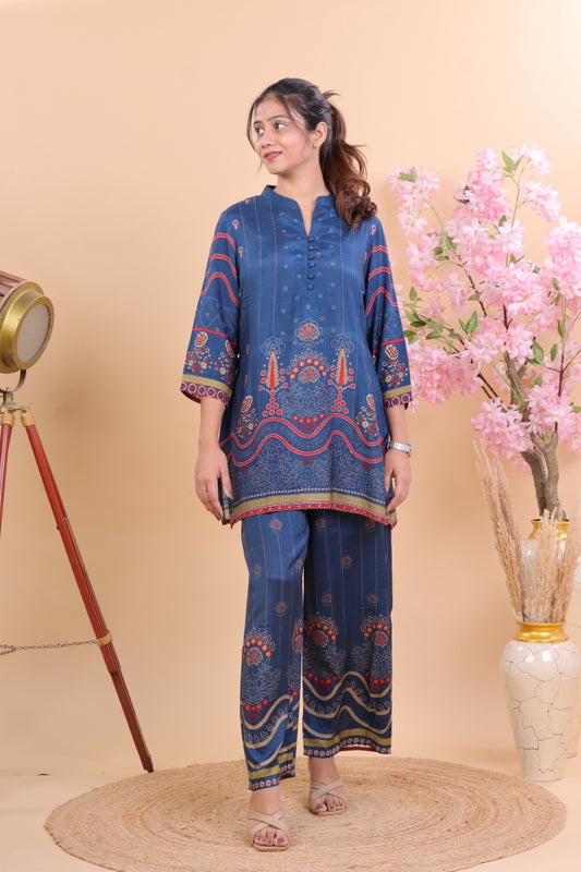 Navy Blue Muslin Co-ord Set with Intricate Floral & Geometric Print