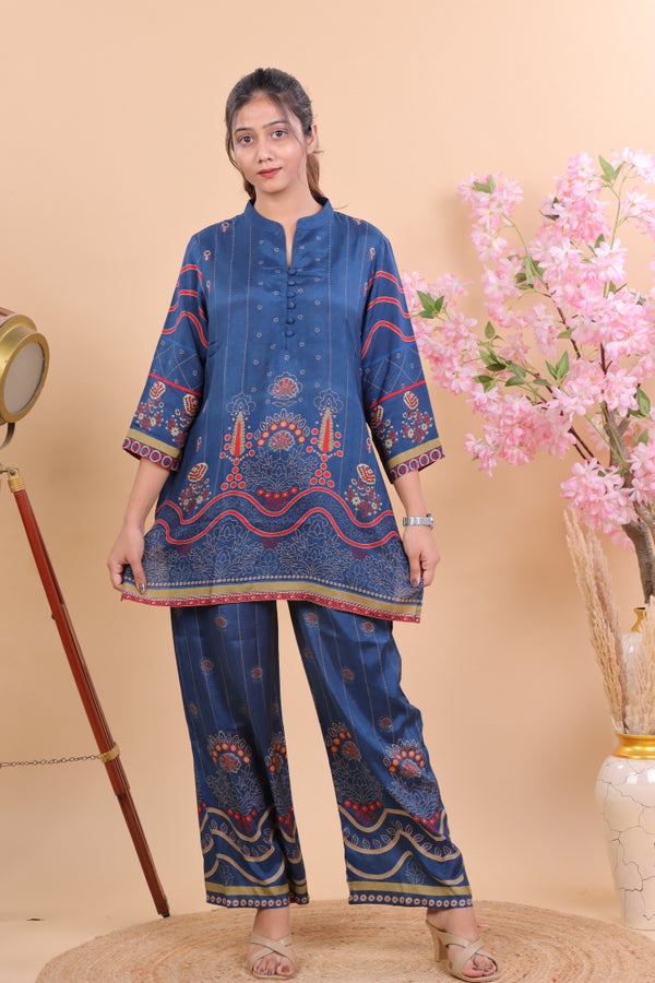 Navy Blue Muslin Co-ord Set with Intricate Floral & Geometric Print