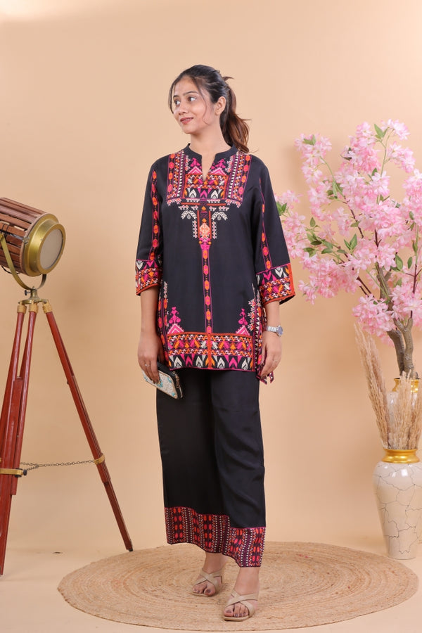 Black Muslin Co-ord Set with Multicolor Ethnic Print