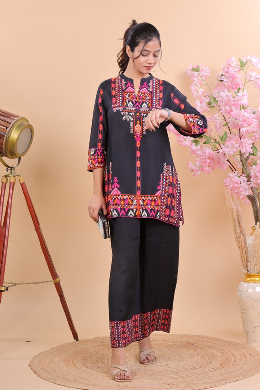 Black Muslin Co-ord Set with Multicolor Ethnic Print