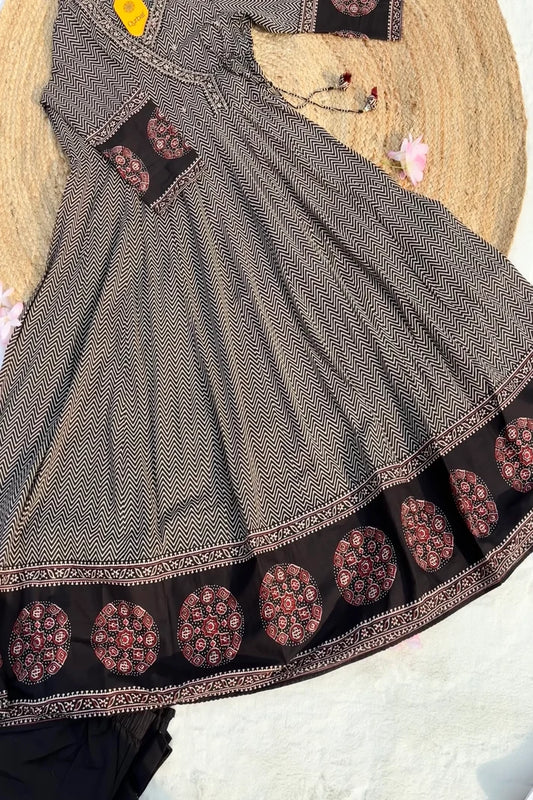 Black Floral Cotton Anarkali Set with Hand Embroidery – 3 Piece Elegant Ensemble
