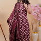 Wine Ikat Print Sleeveless Kurta Set with Bandhani Dupatta