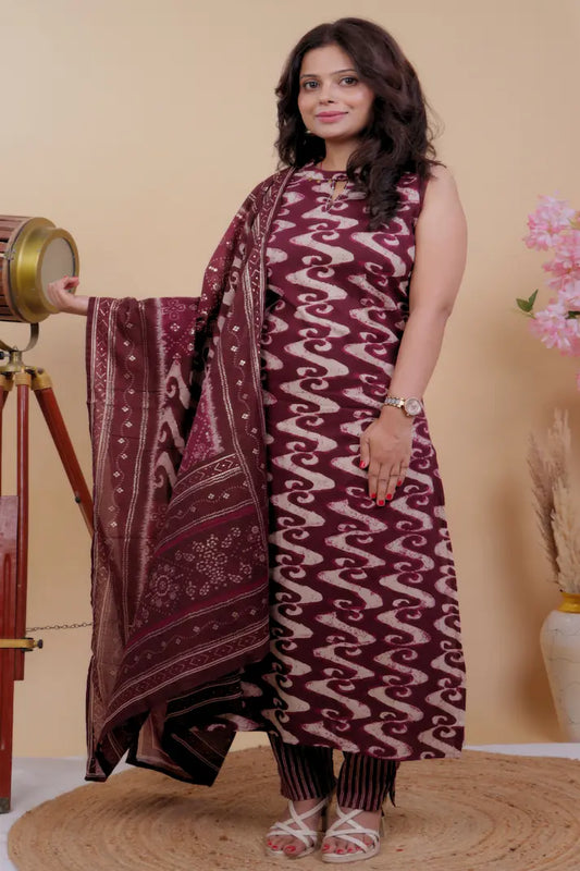 Wine Ikat Print Sleeveless Kurta Set with Bandhani Dupatta