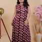 Wine Ikat Print Sleeveless Kurta Set with Bandhani Dupatta