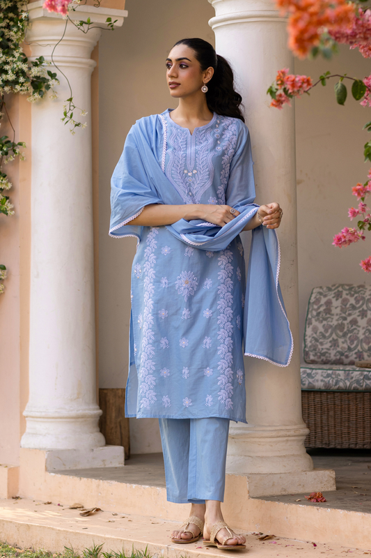 Azure Bloom Chikankari Suit Set