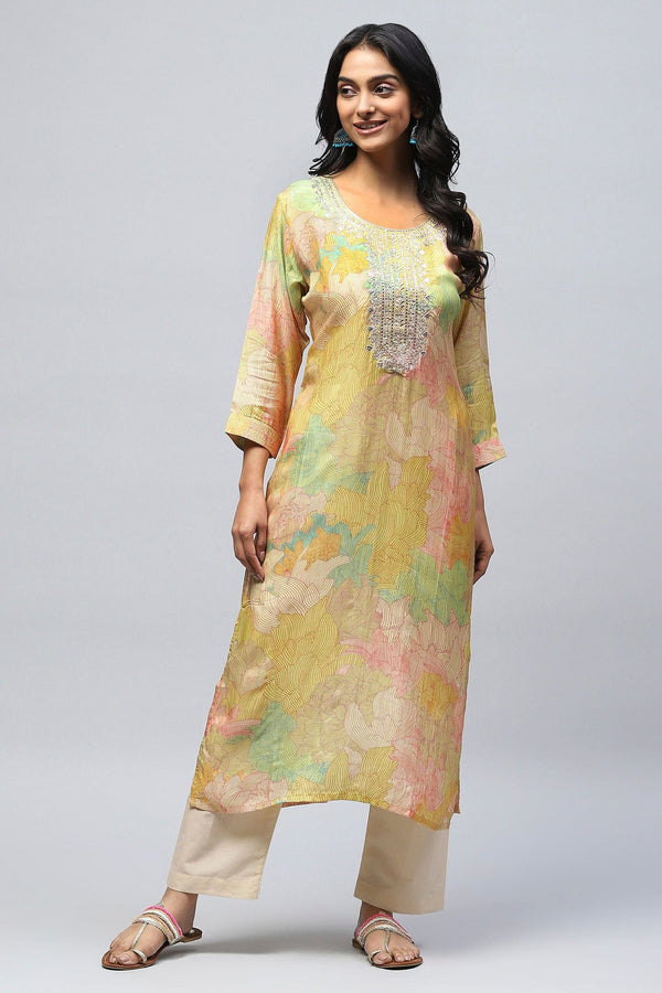 Yellow Muslin Printed Kurta for Women – Elegant & Vibrant