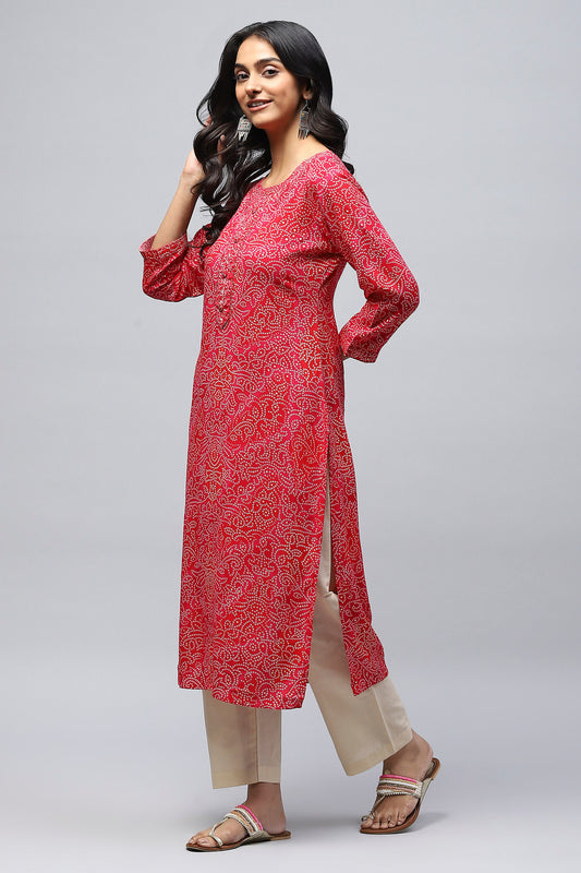 Magenta Pink Bandhani Muslin Printed Kurta for Women – Vibrant & Elegant