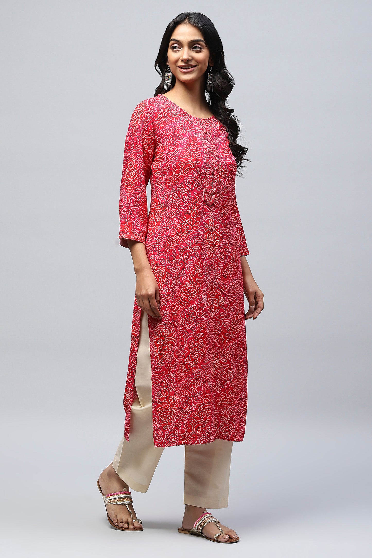 Magenta Pink Bandhani Muslin Printed Kurta for Women – Vibrant & Elegant