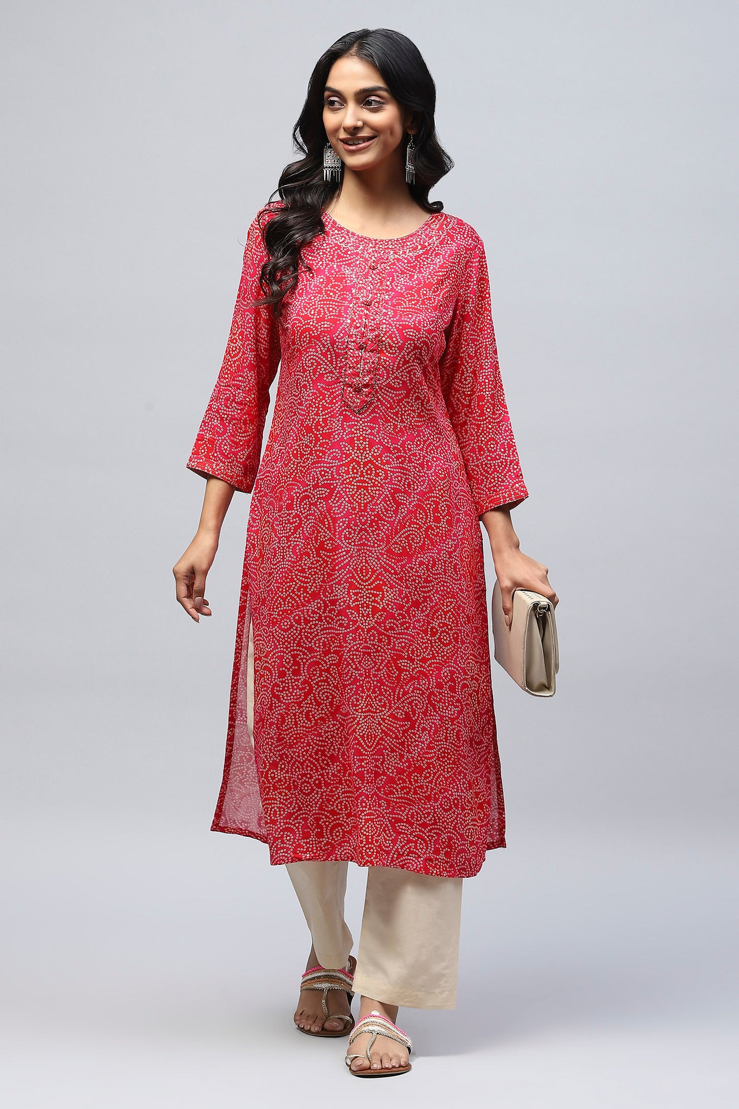 Magenta Pink Bandhani Muslin Printed Kurta for Women – Vibrant & Elegant