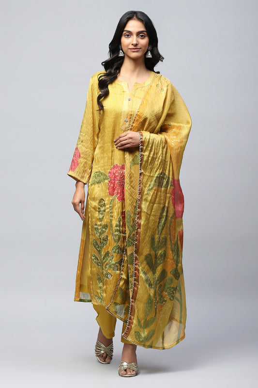 Mustard Digital Print with Handwork Suit Set for Women