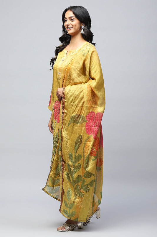 Mustard Digital Print with Handwork Suit Set for Women