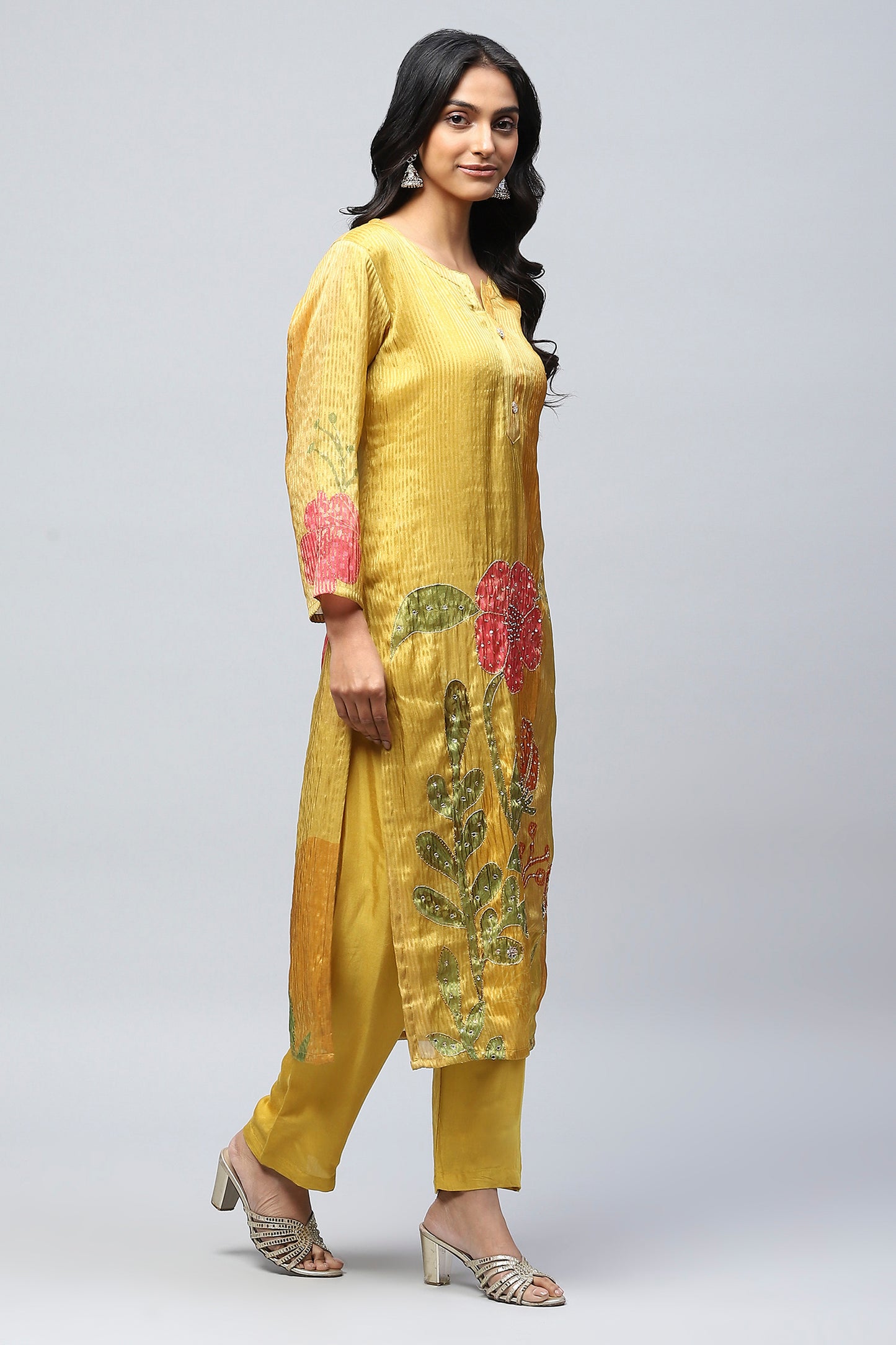 Mustard Digital Print with Handwork Suit Set for Women