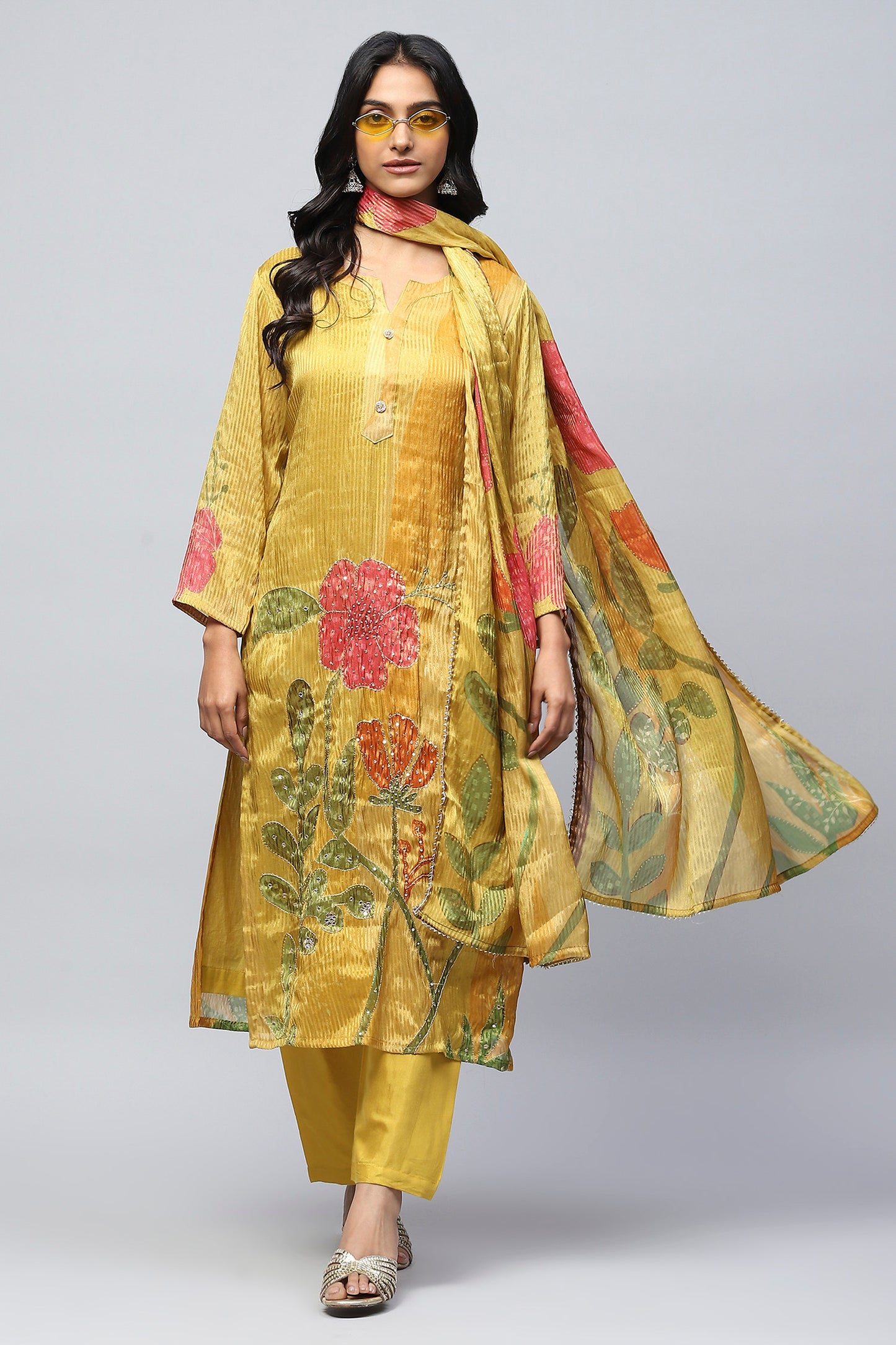 Mustard Digital Print with Handwork Suit Set for Women