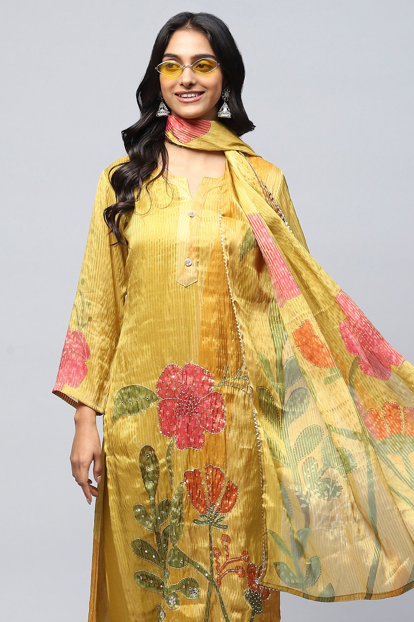 Mustard Digital Print with Handwork Suit Set for Women