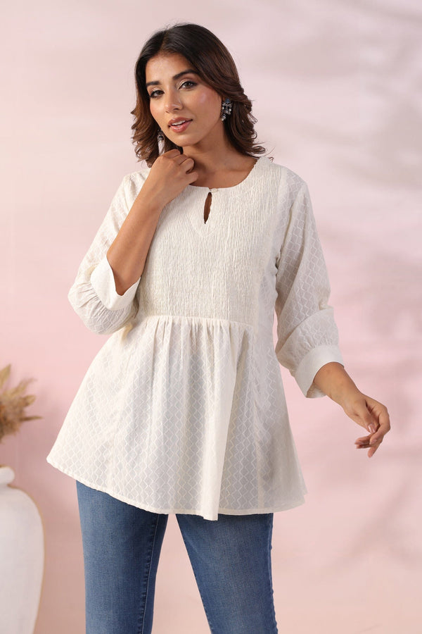 Off White Cotton Jacquard Kurti