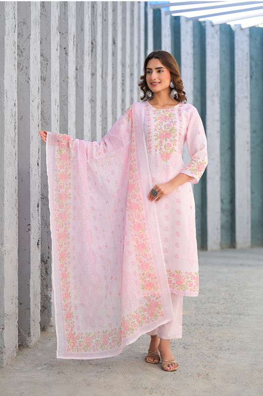 Soft Pink Floral Embroidered Three-Piece Suit Set