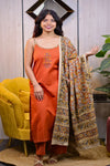 Rust Orange Cotton Kurta Set with Kalamkari Dupatta – 3 Piece Ethnic Ensemble