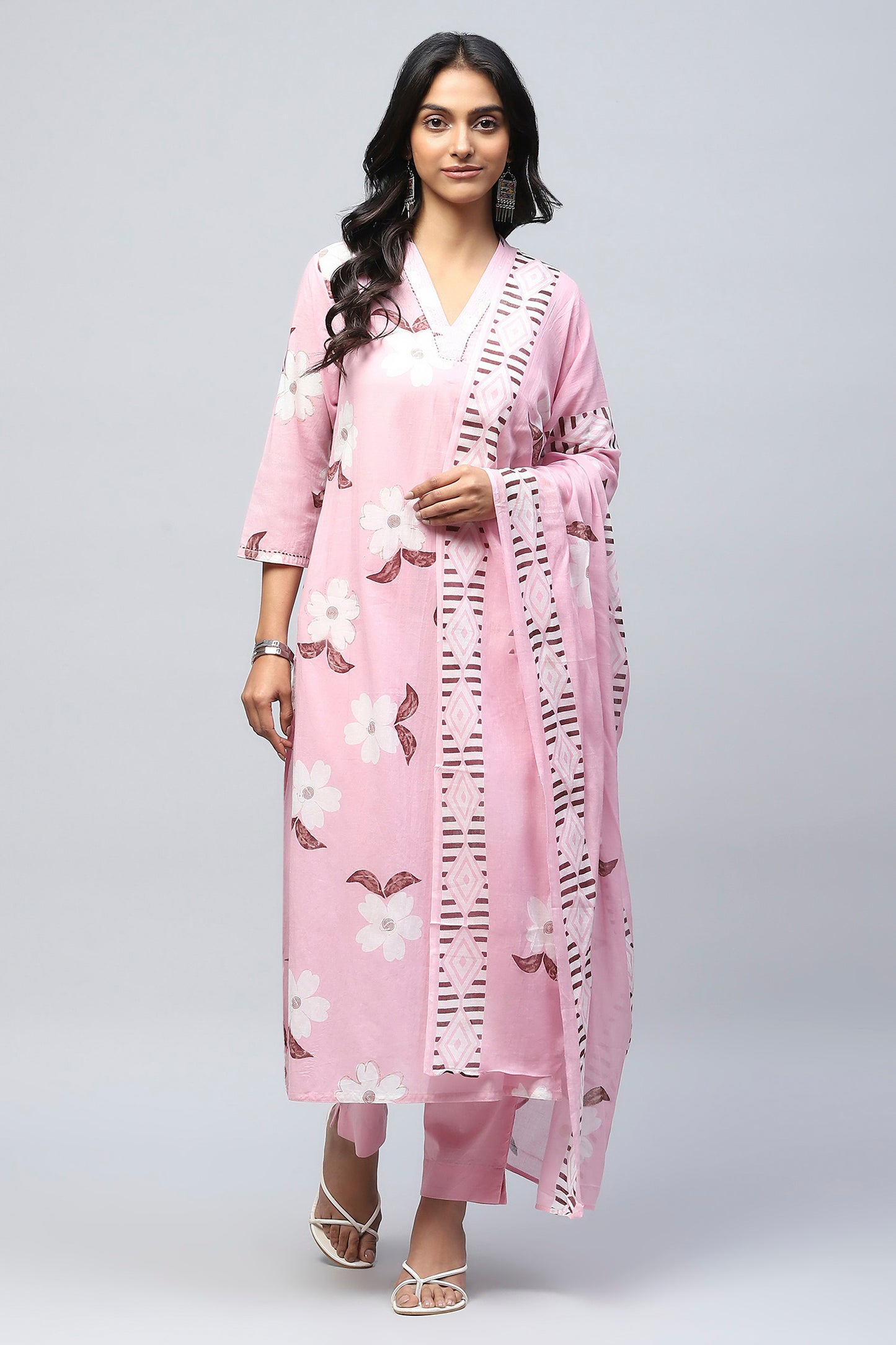 Pink Cotton Printed Suit Set for Women