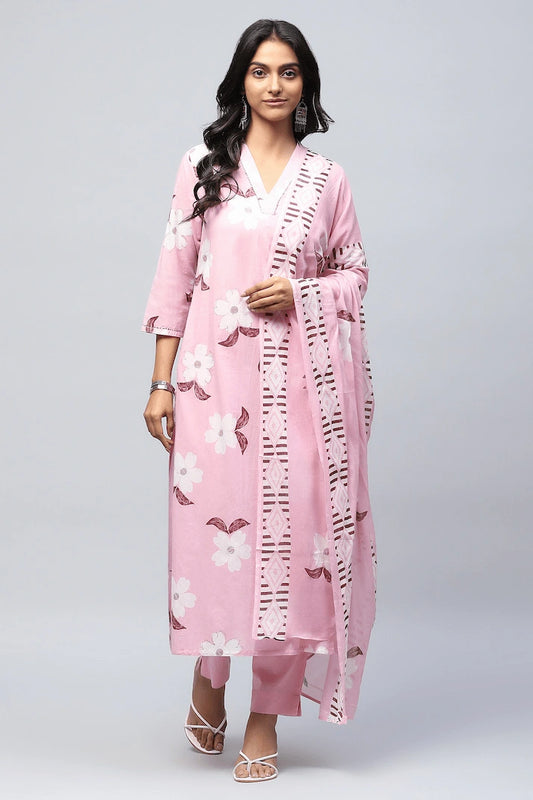 Pink Cotton Printed Suit Set for Women