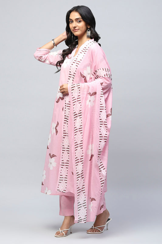 Pink Cotton Printed Suit Set for Women