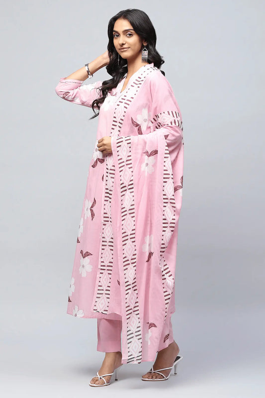 Pink Cotton Printed Suit Set for Women