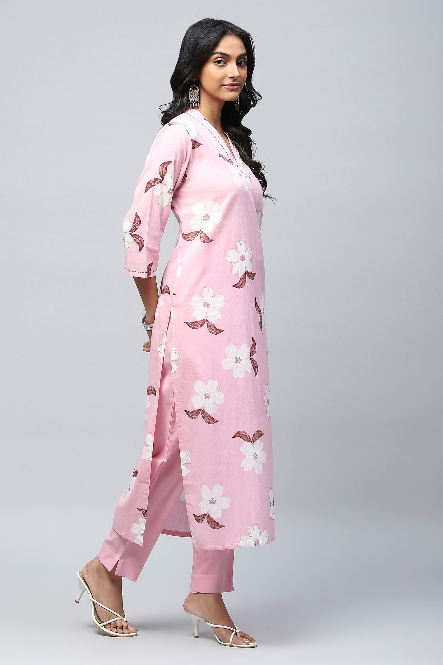 Pink Cotton Printed Suit Set for Women